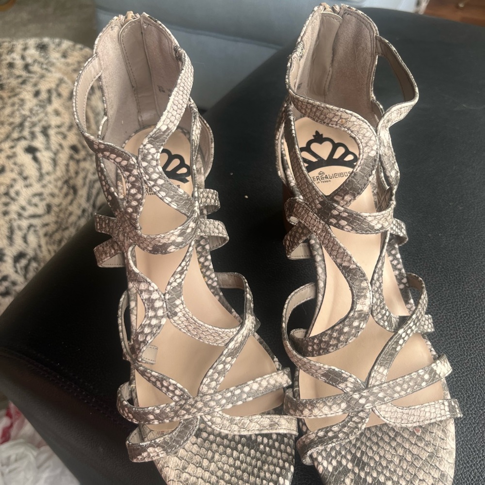 Fergalicious Snakeskin Strappy Heels - Cream and Gray Sz 8